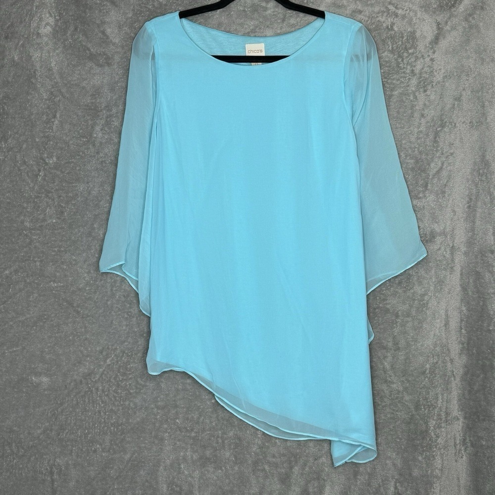 Chicos‎ 0 Size Small Top Shirt Blue Solid Flared Sheer 3/4 Sleeve Scoop Neck